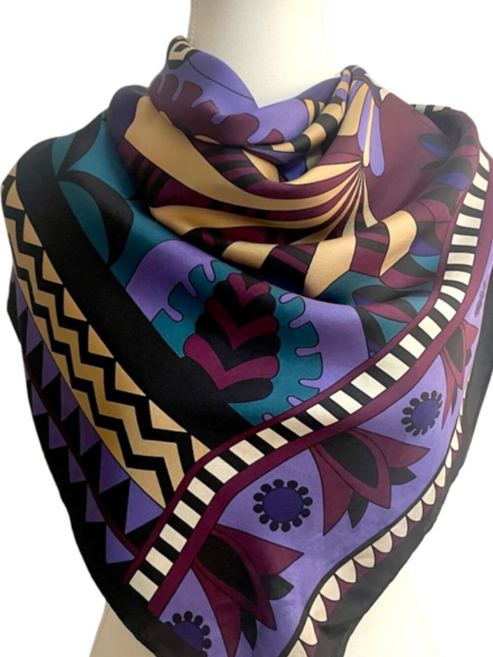 Ann Taylor 100% Silk Square Scarf Purple Art Deco Floral 41" x 42"